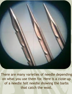 There are many varieties of needle depending on what you use them for. Here is a close up of a needle felt needle showing the barbs that catch the wool.