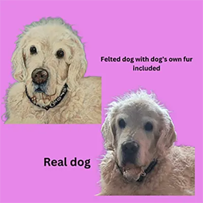 Bailey with real dog Instagram Felted dog replica with real dog comparison.