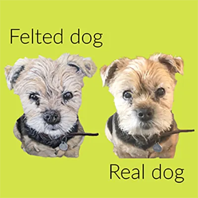 Bramble Real and Felted collage Facebook Post Comparison of felted dog sculpture and real dog.