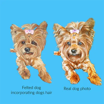 Facebook Post Mercedes and felted dog side by side Felted and real dog side by side comparison