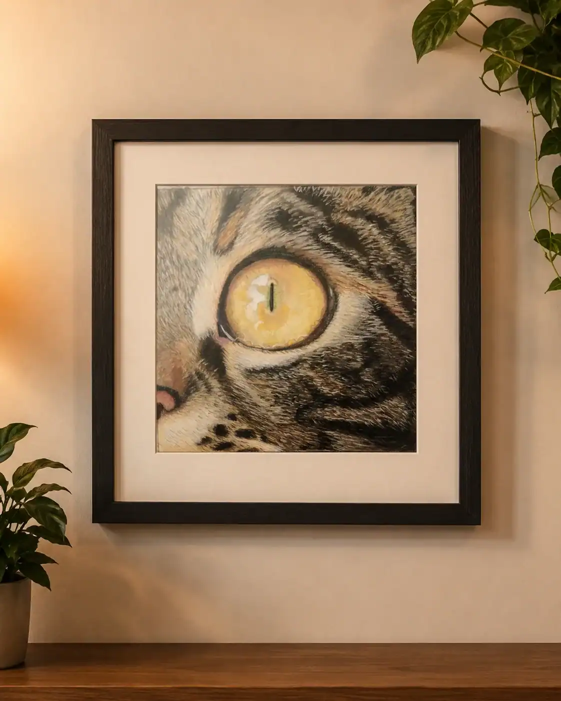 Close-up of a cat's yellow eye framed wall art in a home setting.