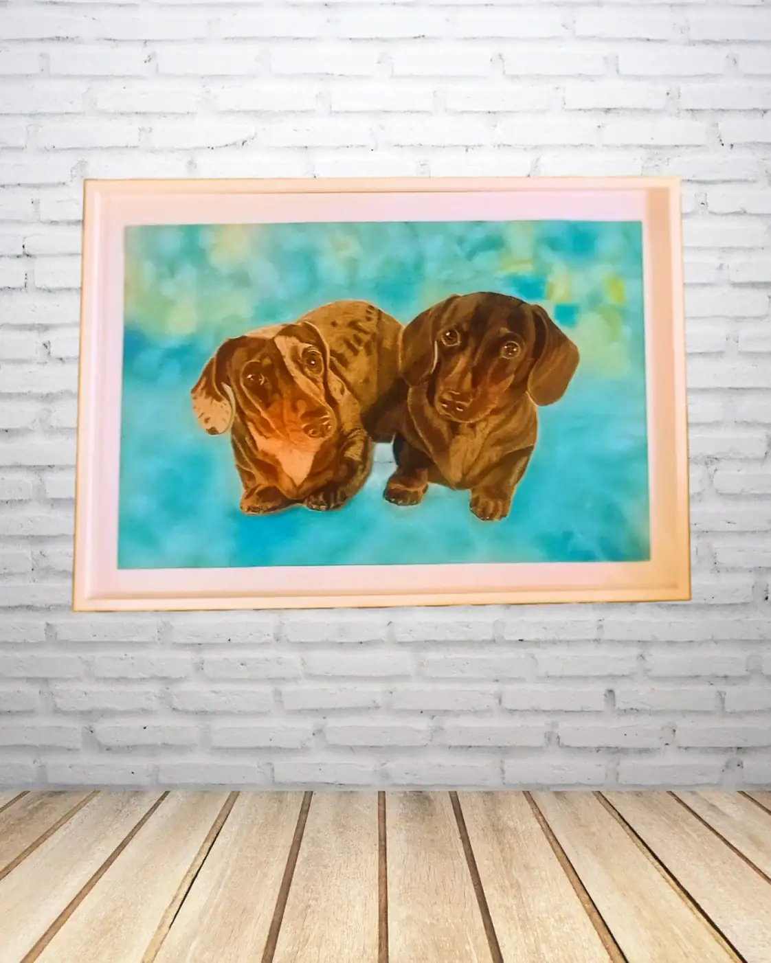 Two dachshund dogs painting on a wall.