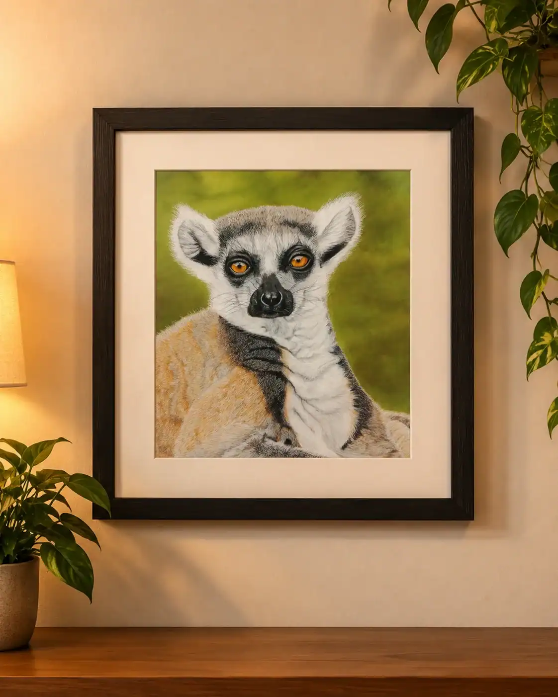 Portrait of a lemur framed on wall with greenery.