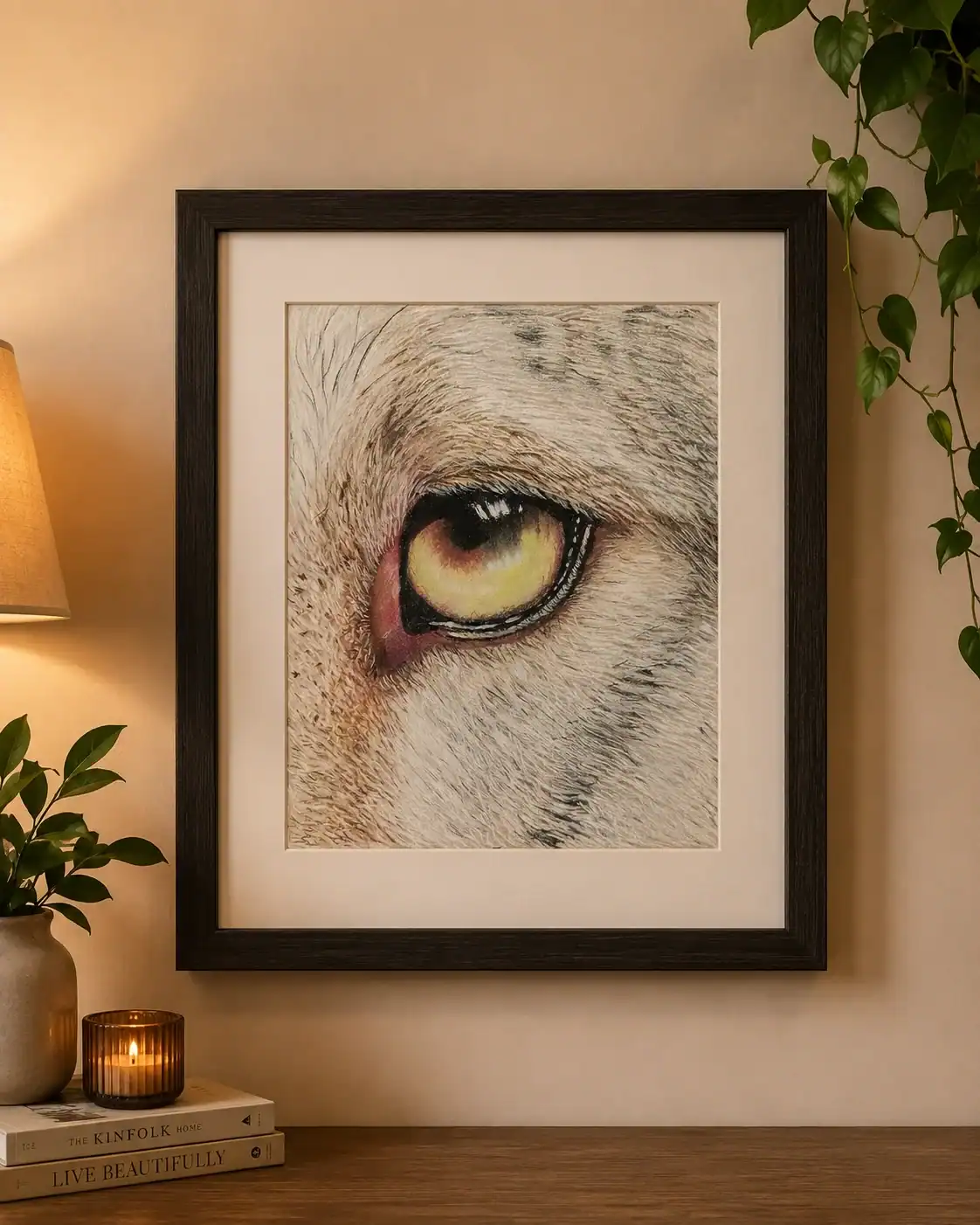Close-up of an animal eye framed artwork with greenery.